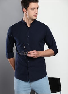 Dennis Lingo Slim Fit Dark Blue Men's Casual Spread Collar Shirt, Full Sleeves, 100% Cotton,  - Image 3