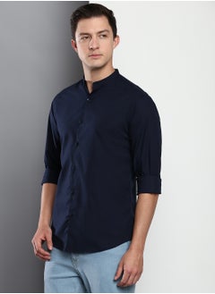 Dennis Lingo Slim Fit Dark Blue Men's Casual Spread Collar Shirt, Full Sleeves, 100% Cotton,  - Image 5