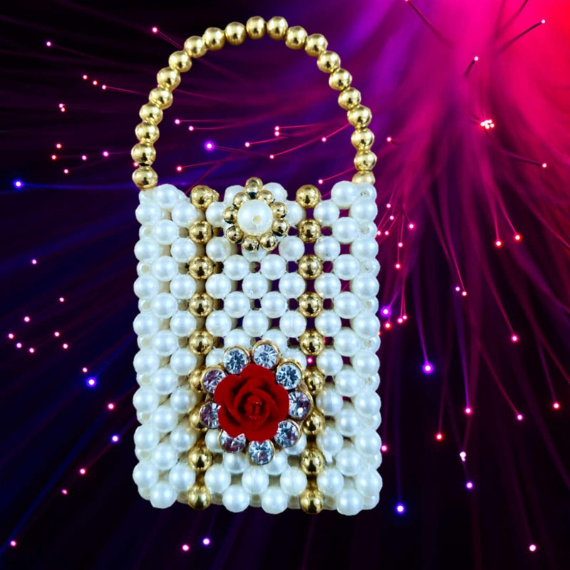 BERRYCRAVE Pearls pouch Potli Bags for SHAGUN COINS/GINNI with FLOWER MOTIFF for Ladies SMALL MINI Size for Wedding Gift Jewellery Ring- 7 CM X 5.5 CM - White & Gold Pearls- (1) - Image 1