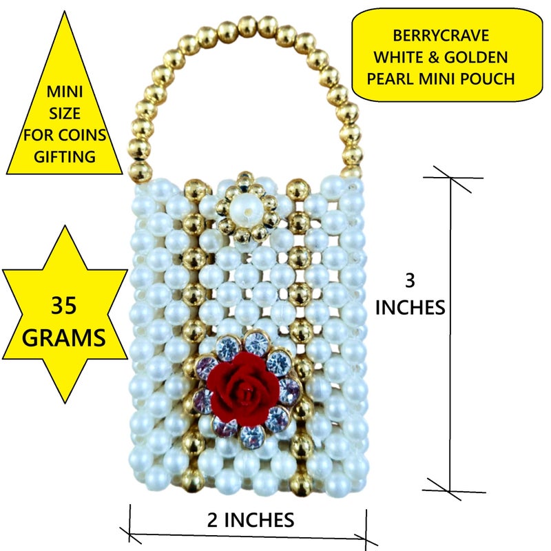 BERRYCRAVE Pearls pouch Potli Bags for SHAGUN COINS/GINNI with FLOWER MOTIFF for Ladies SMALL MINI Size for Wedding Gift Jewellery Ring- 7 CM X 5.5 CM - White & Gold Pearls- (1) - Image 2