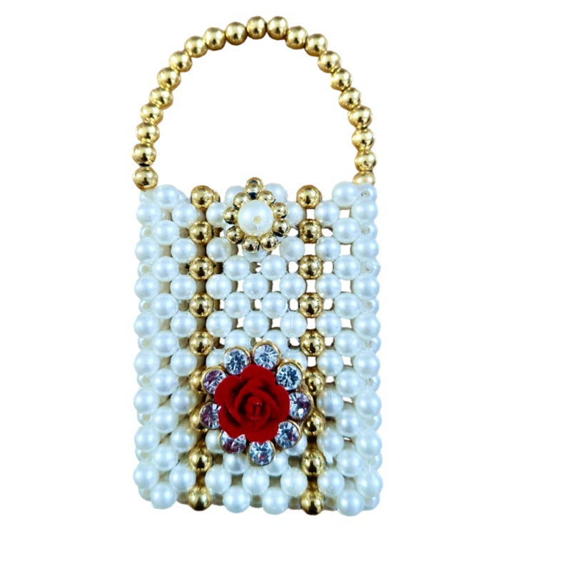 BERRYCRAVE Pearls pouch Potli Bags for SHAGUN COINS/GINNI with FLOWER MOTIFF for Ladies SMALL MINI Size for Wedding Gift Jewellery Ring- 7 CM X 5.5 CM - White & Gold Pearls- (1) - Image 3