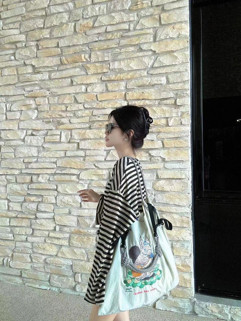 Japanese Style Ball Chain Panda Embroidered Nylon Shopping Bag Simple Commuting All-Match Large Capacity Shoulder Bag Trendy - Image 5