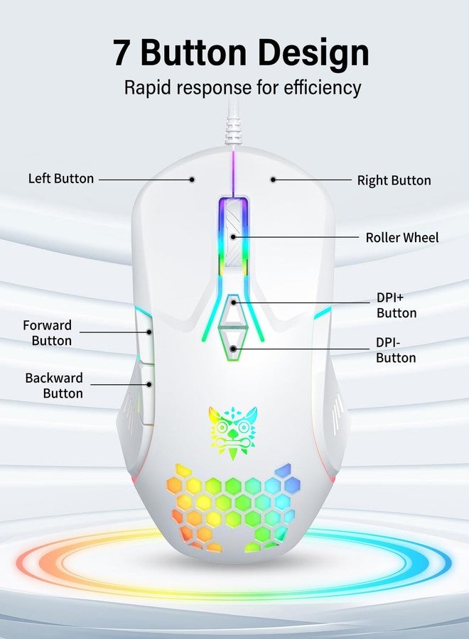 ONITOON Wired USB Mouse, Computer Mouse with RGB Lighting, 4 Adjustable DPI, Ergonomic Optical Office Mouse, 7 Buttons Corded Mice for Window/PC/Laptop/Desktop/Mac/Chromebook, White - Image 3