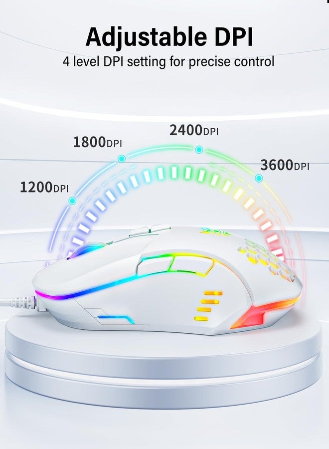 ONITOON Wired USB Mouse, Computer Mouse with RGB Lighting, 4 Adjustable DPI, Ergonomic Optical Office Mouse, 7 Buttons Corded Mice for Window/PC/Laptop/Desktop/Mac/Chromebook, White - Image 4