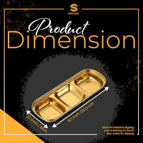 Snevad Stainless Steel Three Appetizer Plate for Dipping Sauces Dinnerware for Home and Restaurant Use Vinegar Soy Spice Condiment Tray Divided Seasoning Sauce Dip Bowl [3 Compartment] Sauce Plate - Image 2