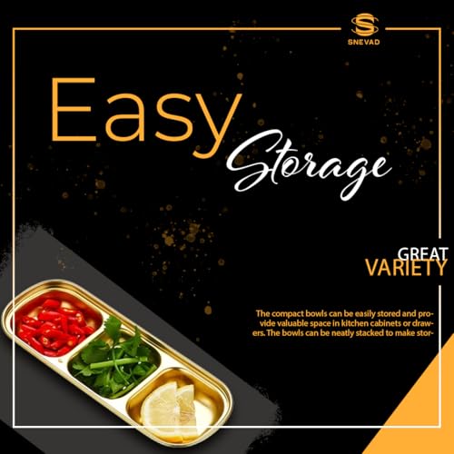 Snevad Stainless Steel Three Appetizer Plate for Dipping Sauces Dinnerware for Home and Restaurant Use Vinegar Soy Spice Condiment Tray Divided Seasoning Sauce Dip Bowl [3 Compartment] Sauce Plate - Image 3