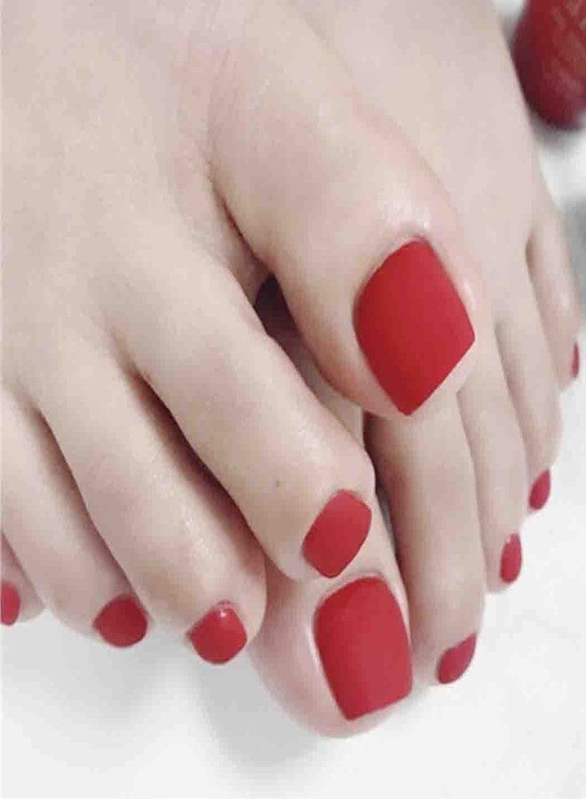 Outyua Red Square Fake Toenails Matte Press on Toe Nails Short Acrylic False Toes Nails Artificial Beach Full Cover Toenail for Women 24 Pcs (Red) - Image 3
