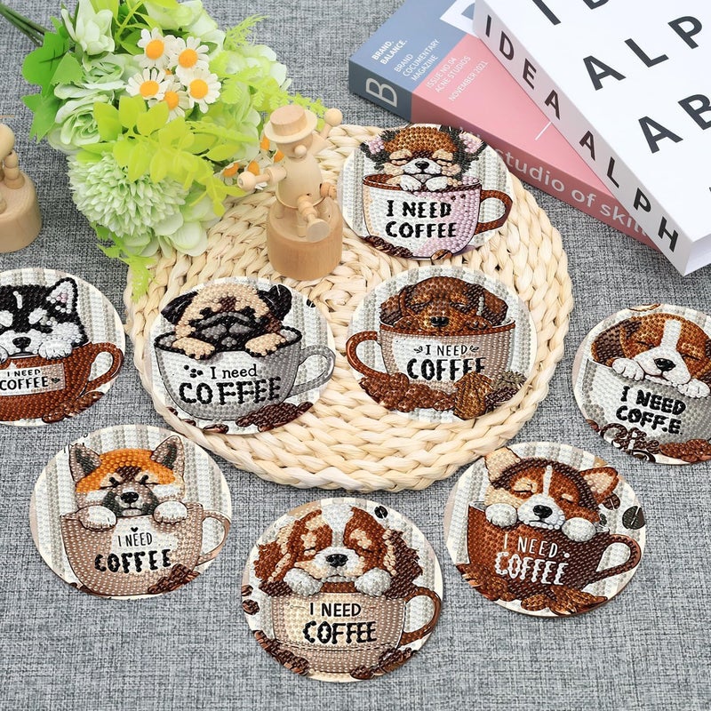 Ekuxom 8 Pcs Coffee Dog Diamond Art Coasters Kits with Holder-Diamond Painting Coasters Kits-DIY Crafts Art Coaster Kit for Home Decor - Image 5