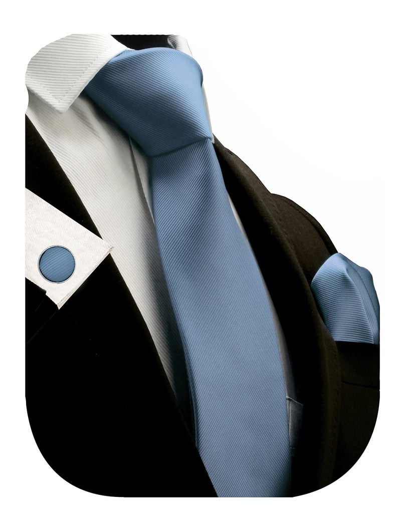 GUSLESON Solid Dusty Blue Wedding Ties For Men Neckties and Pocket Square Cufflinks Sets(0789-29) - Image 1