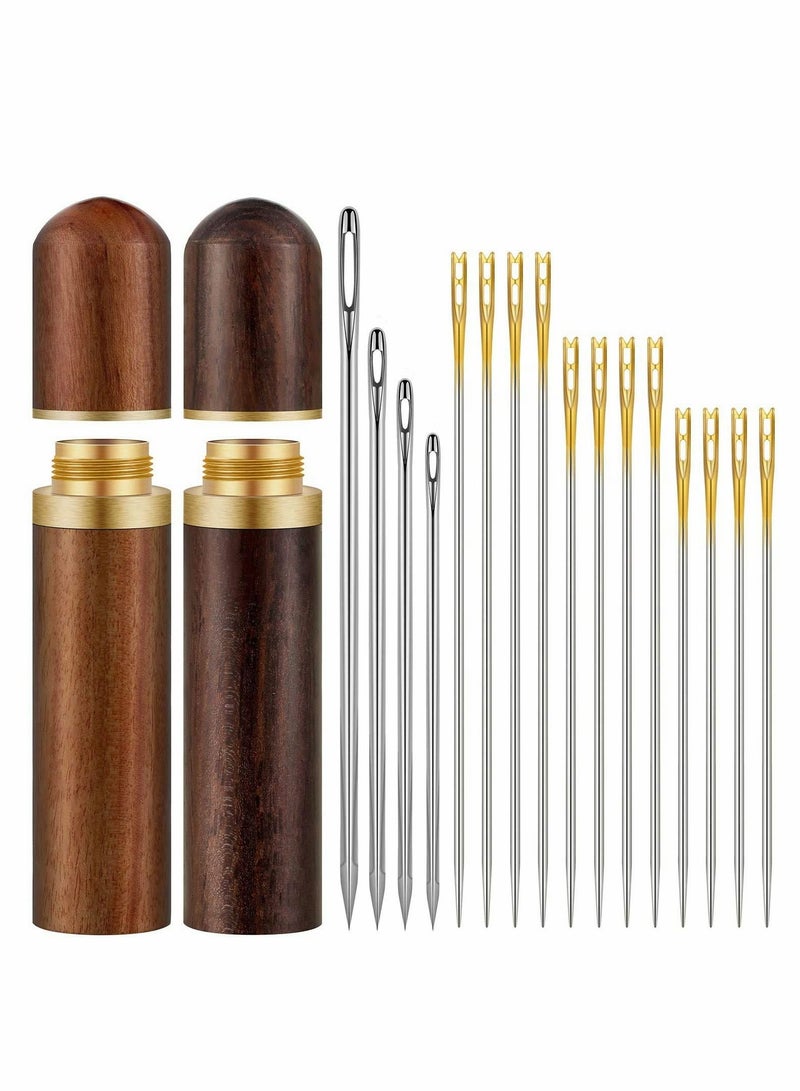 Y&D Sewing Kits 2 Pieces Wooden Needle Case with 12 Self Threading Needles and 4 Large-Eye Leather Stitching for Storing Handmade Embroidery Accessories - Image 1