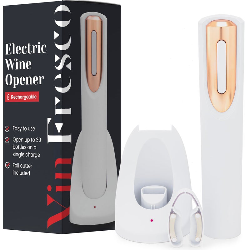 VIN FRESCO Rechargeable Electric Wine Bottle Opener - Charging Base and Foil Cutter Included with Automatic Wine Opener - Electric Corkscrew for Easy Cork Removal - Best Gift for Wine Lover (White & Rose Gold)  - Image 1