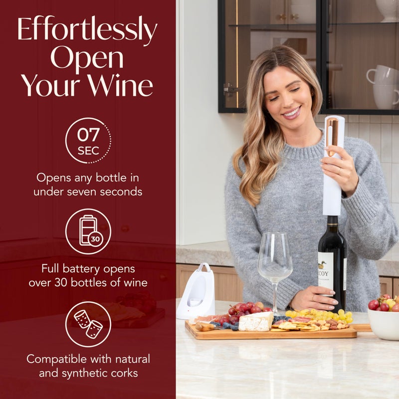 VIN FRESCO Rechargeable Electric Wine Bottle Opener - Charging Base and Foil Cutter Included with Automatic Wine Opener - Electric Corkscrew for Easy Cork Removal - Best Gift for Wine Lover (White & Rose Gold)  - Image 2