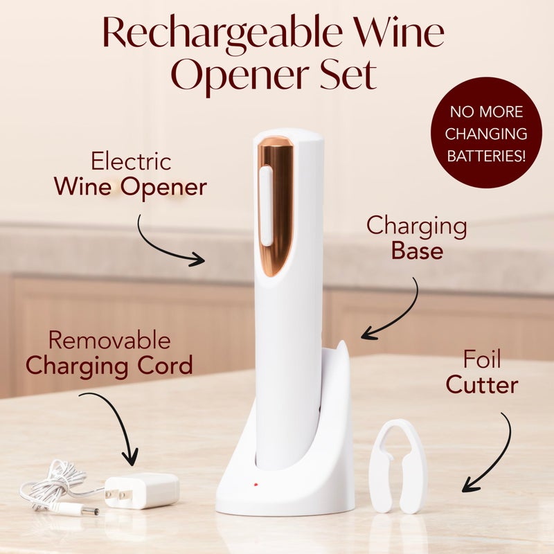 VIN FRESCO Rechargeable Electric Wine Bottle Opener - Charging Base and Foil Cutter Included with Automatic Wine Opener - Electric Corkscrew for Easy Cork Removal - Best Gift for Wine Lover (White & Rose Gold)  - Image 4
