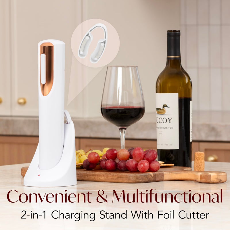 VIN FRESCO Rechargeable Electric Wine Bottle Opener - Charging Base and Foil Cutter Included with Automatic Wine Opener - Electric Corkscrew for Easy Cork Removal - Best Gift for Wine Lover (White & Rose Gold)  - Image 3
