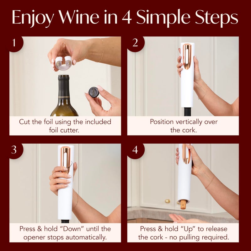 VIN FRESCO Rechargeable Electric Wine Bottle Opener - Charging Base and Foil Cutter Included with Automatic Wine Opener - Electric Corkscrew for Easy Cork Removal - Best Gift for Wine Lover (White & Rose Gold)  - Image 5