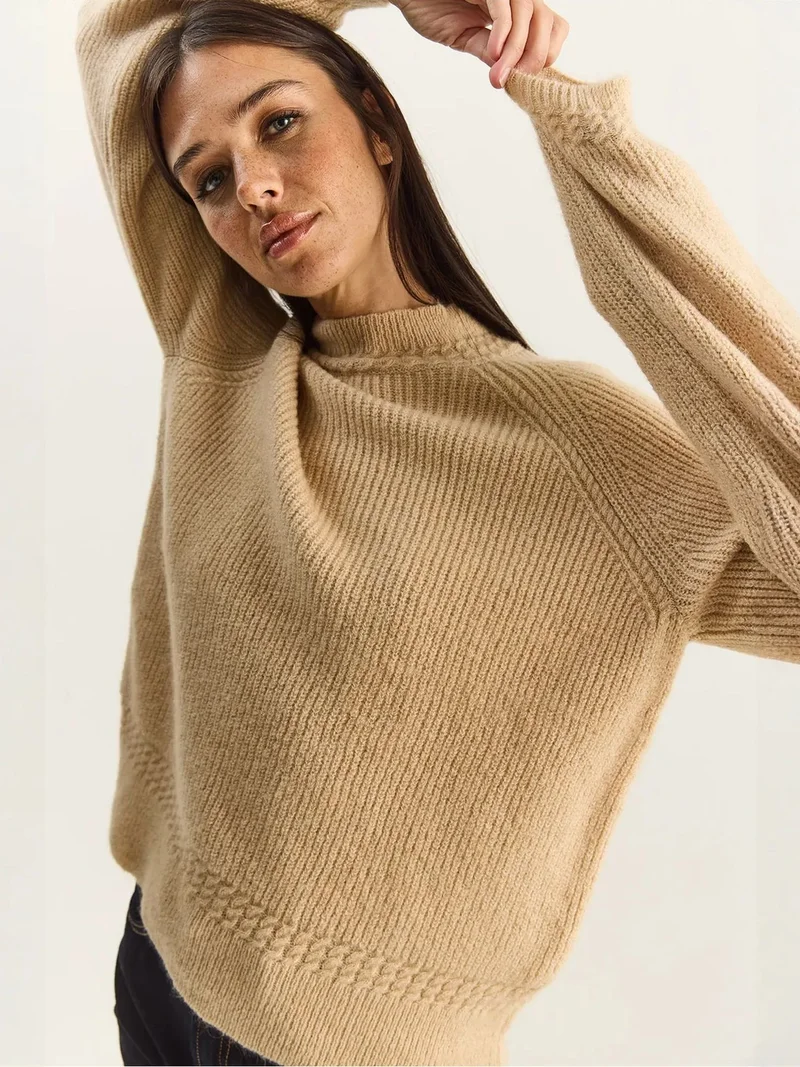 Bianco Lucci Beige Natural LUCCI Oversized Crew Neck Knit Sweater for Women | Best Price UAE