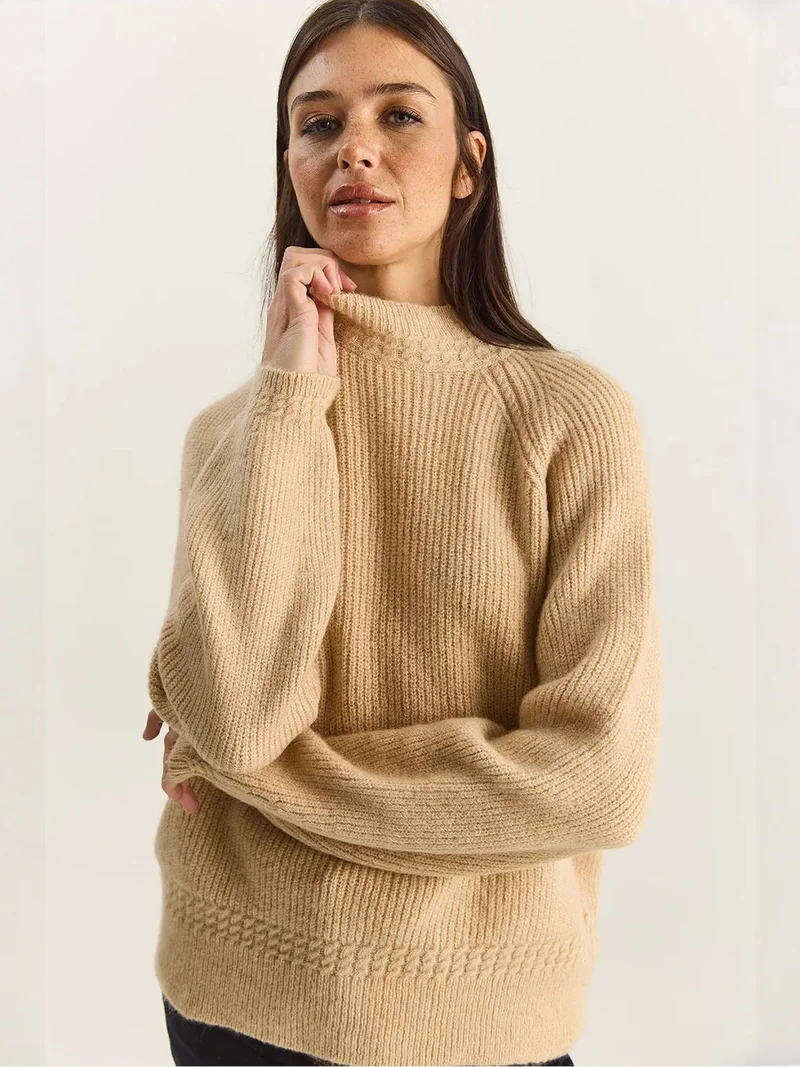 Bianco Lucci Beige Natural LUCCI Oversized Crew Neck Knit Sweater for Women | Best Price UAE