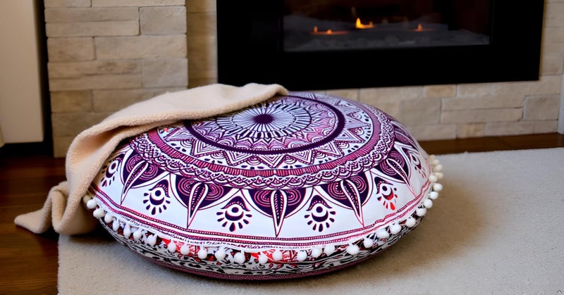 CRAFT KALA غطاء وسادة أرضية مستديرة مقاس 32 بوصة، لون وردي مع رمز تريشول ماندالا بوهو، غطاء وسادة قطنية كبيرة للتأمل مع سحاب مخفي لغرفة المعيشة، اليوجا، غرفة النوم، جلوس أرضي (الغطاء فقط) - Image 2