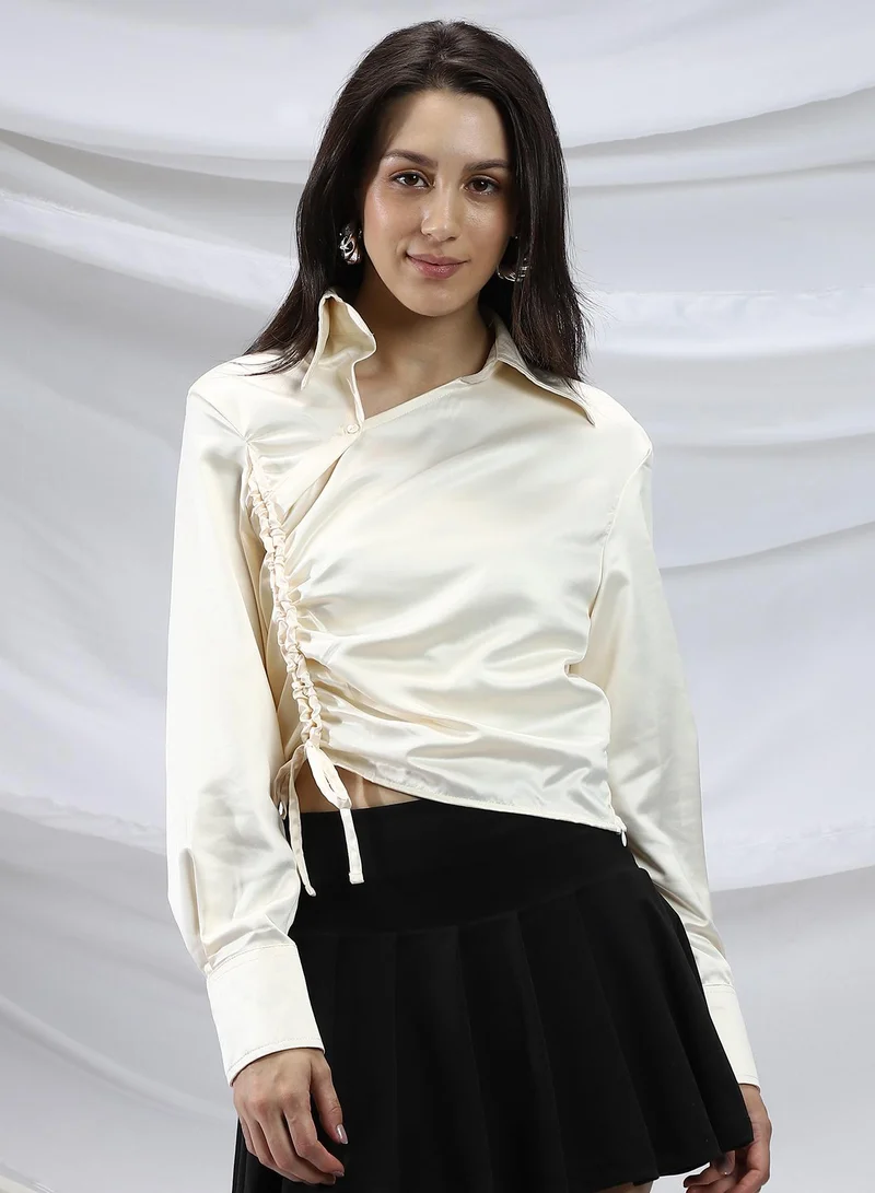 PINACOLADA Pinacolada Women's Butter Yellow Side-Ruched Crop Shirt For Casual Wear | Point Collar | Long Cuffed Sleeves | Button Closure | Shirt Designed With Comfortable Fit For Woman & Girls
