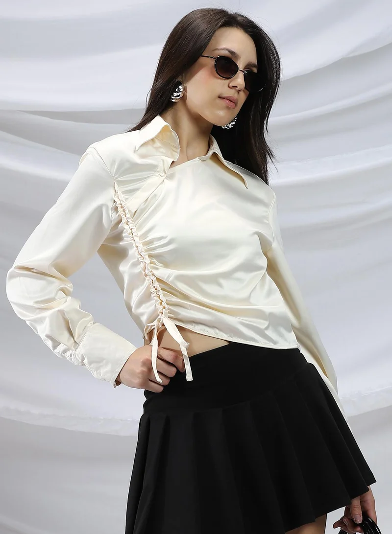 PINACOLADA Pinacolada Women's Butter Yellow Side-Ruched Crop Shirt For Casual Wear | Point Collar | Long Cuffed Sleeves | Button Closure | Shirt Designed With Comfortable Fit For Woman & Girls