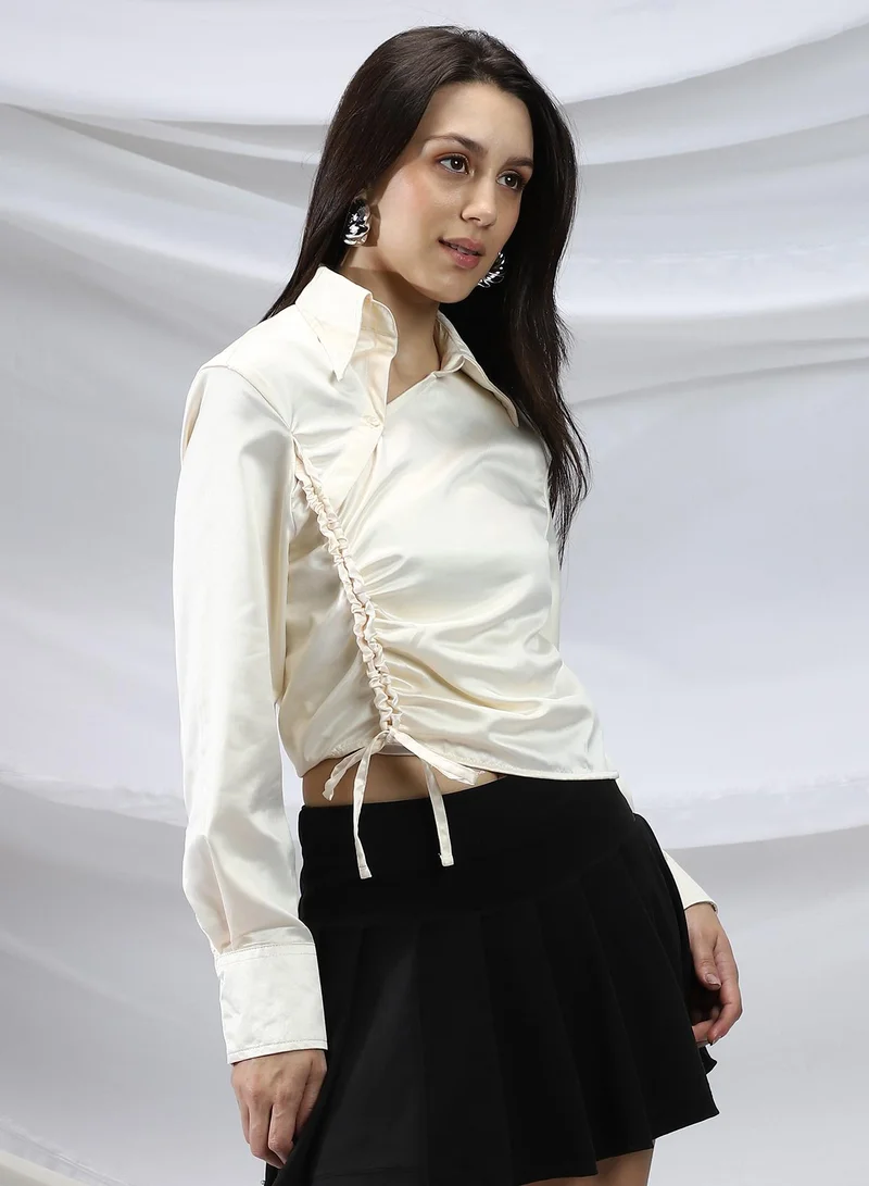 PINACOLADA Pinacolada Women's Butter Yellow Side-Ruched Crop Shirt For Casual Wear | Point Collar | Long Cuffed Sleeves | Button Closure | Shirt Designed With Comfortable Fit For Woman & Girls