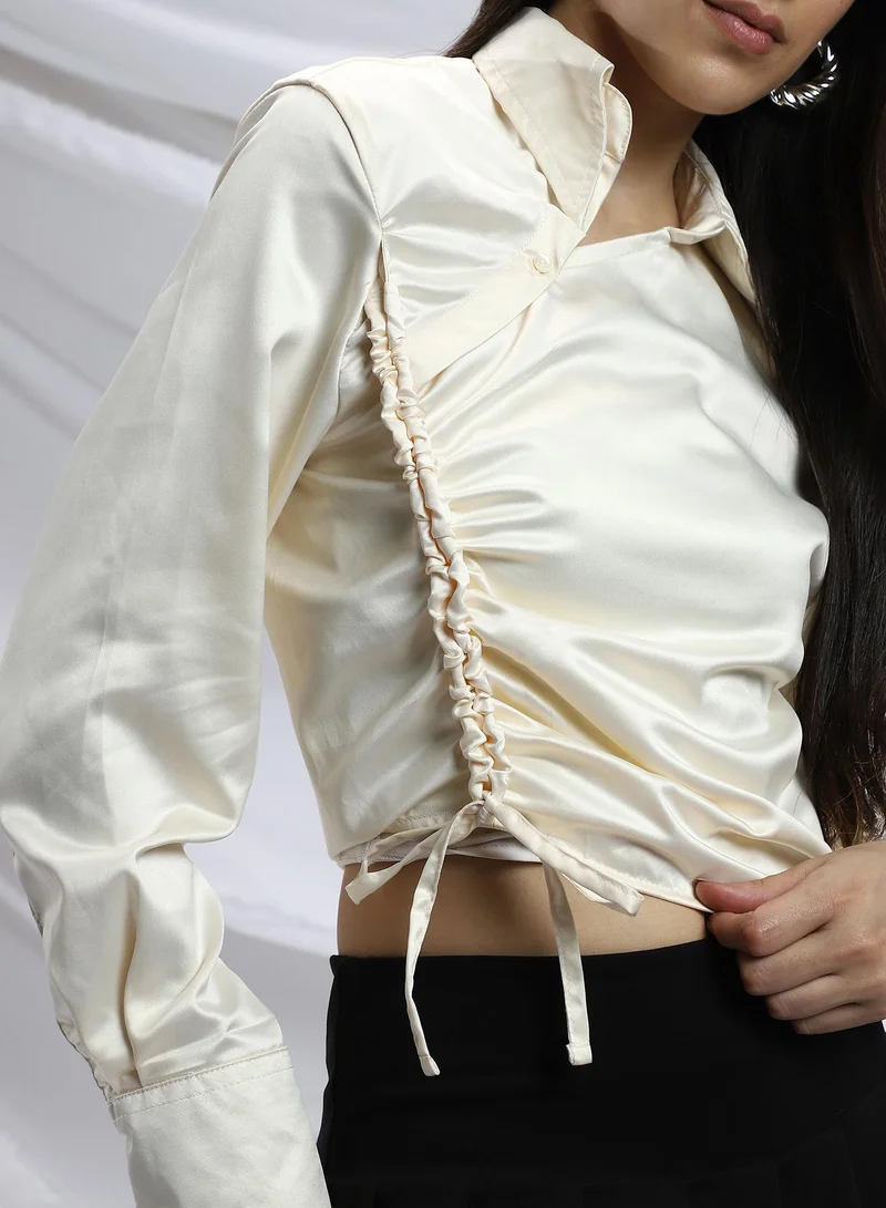 PINACOLADA Pinacolada Women's Butter Yellow Side-Ruched Crop Shirt For Casual Wear | Point Collar | Long Cuffed Sleeves | Button Closure | Shirt Designed With Comfortable Fit For Woman & Girls