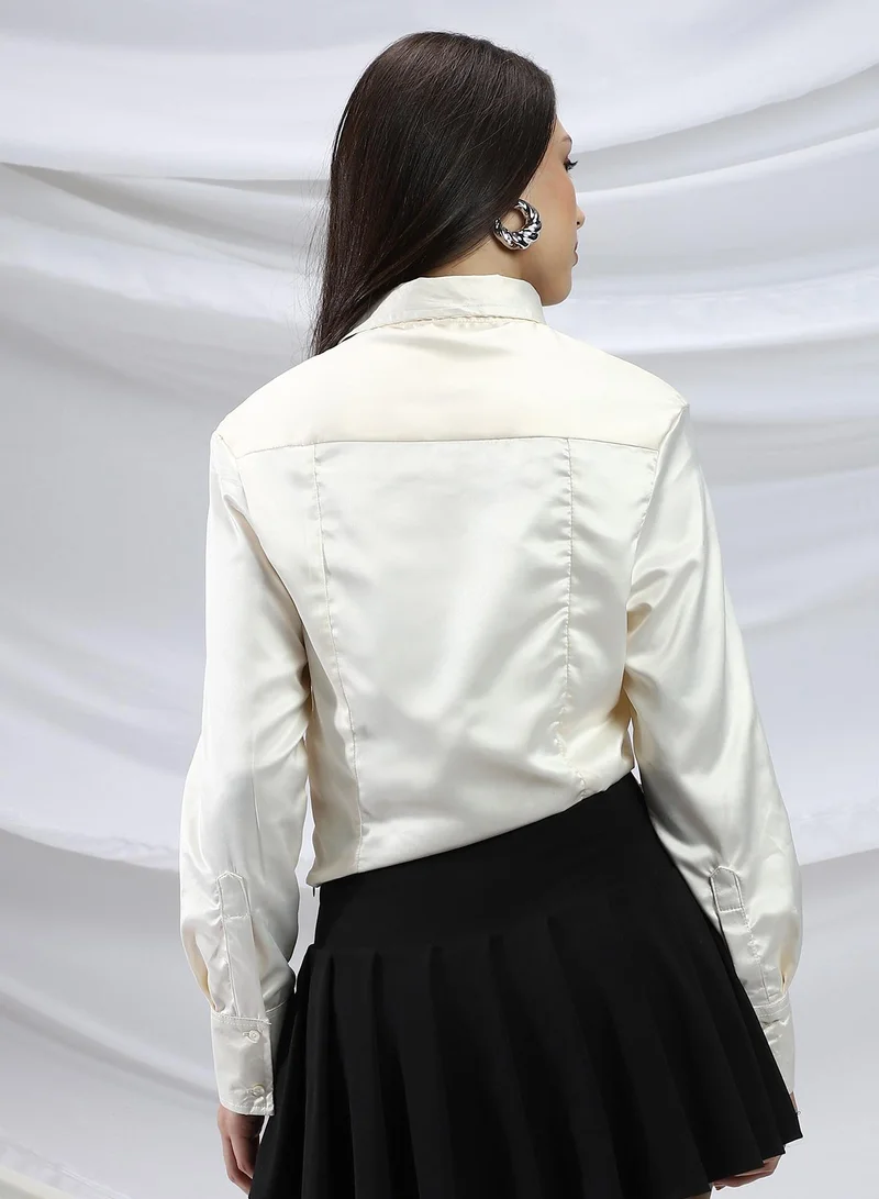 PINACOLADA Pinacolada Women's Butter Yellow Side-Ruched Crop Shirt For Casual Wear | Point Collar | Long Cuffed Sleeves | Button Closure | Shirt Designed With Comfortable Fit For Woman & Girls