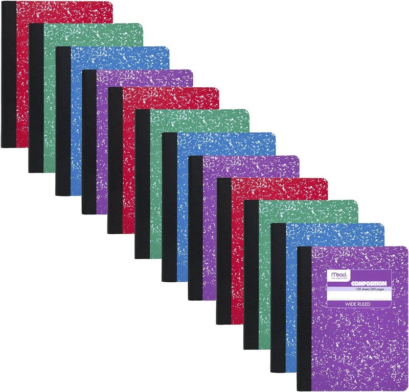 Mead Composition Notebooks, 12 Pack, Wide Ruled Paper, 24.8 cm x 19 cm, 100 Sheets per Comp Book, Color Will Vary (73389) - Image 1