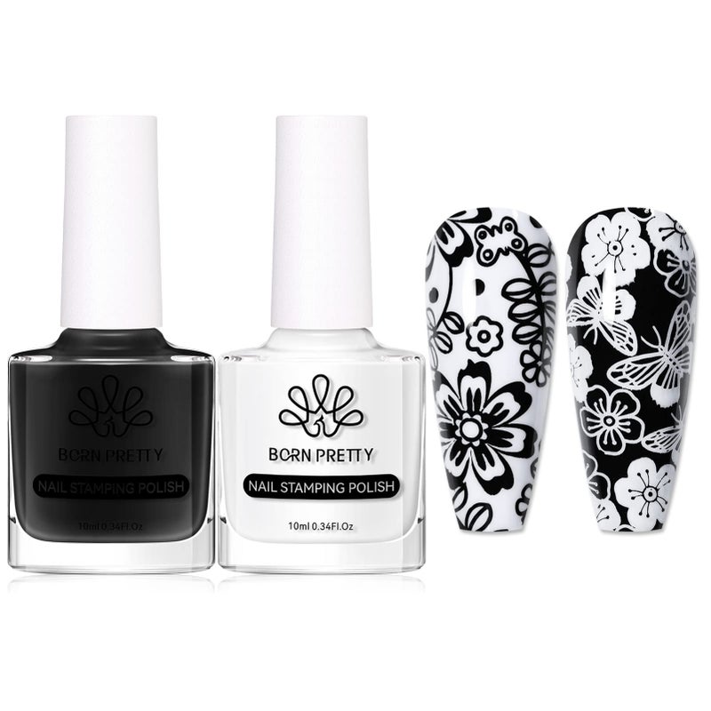 BORN PRETTY Nail Art Stamping Polish White Black Manicure Image Stamp Polish Set Print Polish Varnish 2 Bottles 10ml 0.34fl oz - Image 1