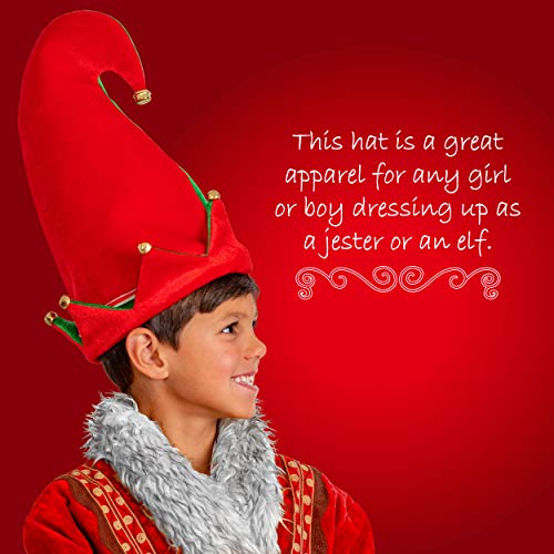 Skeleteen Funny Christmas Elf Hat - Red and Green Jolly Velvet Holiday Elven Novelty Costume Hats with Jingle Bell Designs for Kids - Image 2