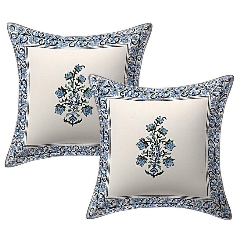 Texstylers Pure Cotton Canvas Jaipuri Hand Block Print Cushion Cover Suitable for Bed RoomLiving RoomSofa Couch Blue White 16x16 Inch 2 Pcs