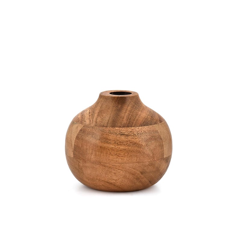 Mahasu Vases Acacia Wood Small Round Hand-Carved | Handmade Vase | Handmade Home Office Table Vase (4" X 4" X 4") - Image 1