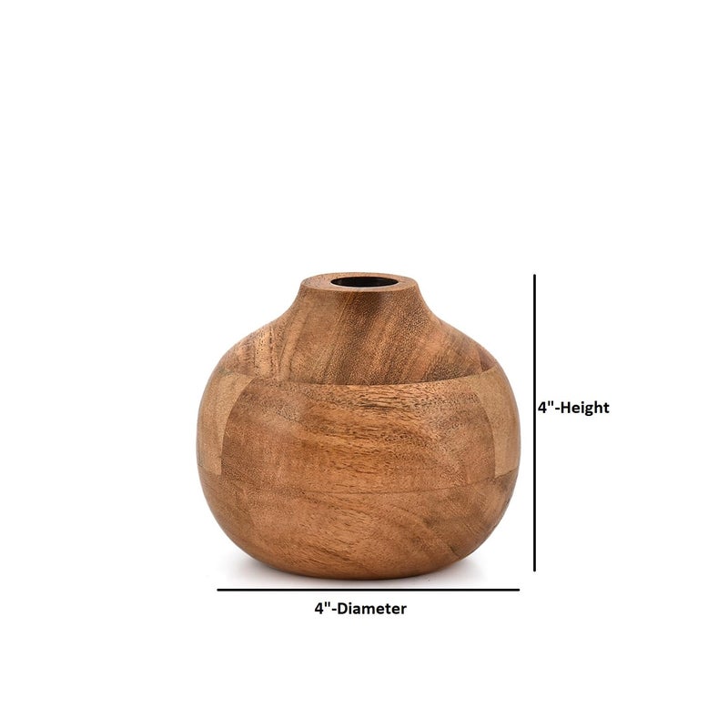 Mahasu Vases Acacia Wood Small Round Hand-Carved | Handmade Vase | Handmade Home Office Table Vase (4" X 4" X 4") - Image 5