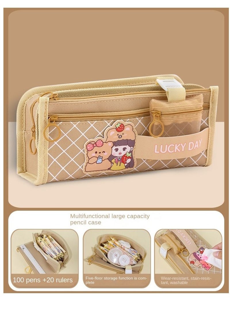 Y&D Big Capacity Cartoon Lucky Day Oxford Cloth Pencil Case Brown  - Image 2