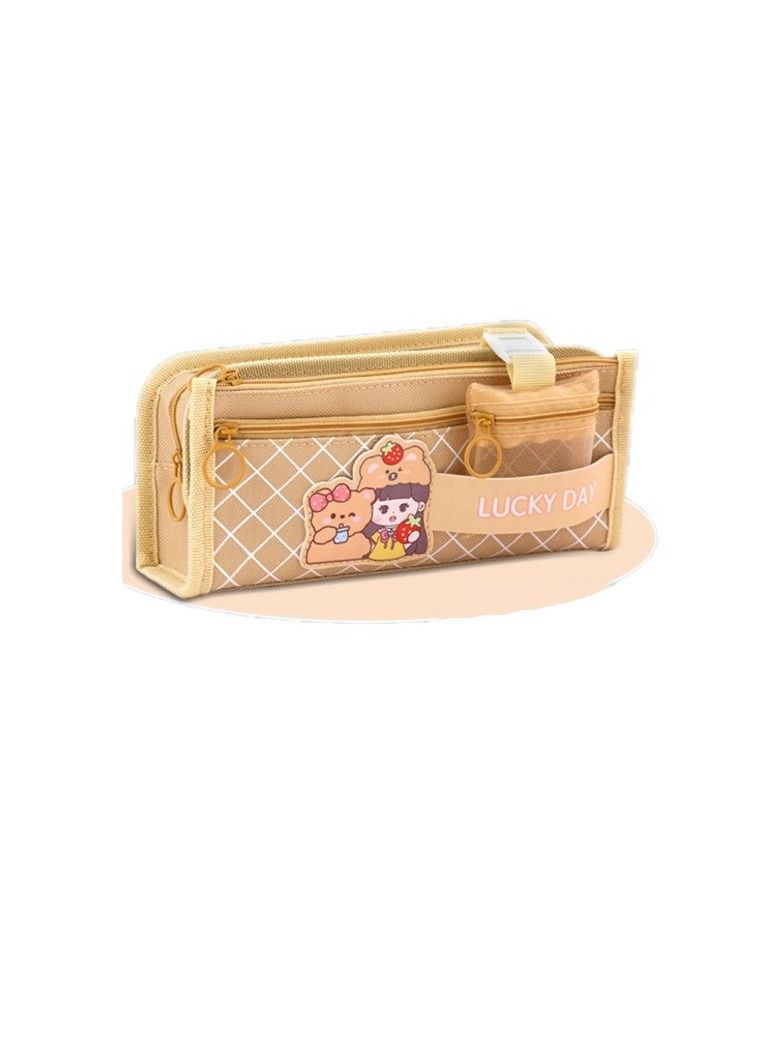 Y&D Big Capacity Cartoon Lucky Day Oxford Cloth Pencil Case Brown  - Image 1