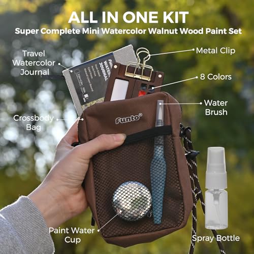 Funto Mini Watercolor Paint Set AllinOne Walnut Wood 8Color Premium Pocket Travel Paint Kit with Crossbody Bag Watercolor Journal Metal Clip Paint Water Cup Water Brush Ideal for Art Lovers - Image 3