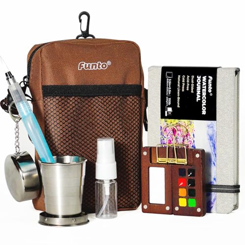 Funto Mini Watercolor Paint Set AllinOne Walnut Wood 8Color Premium Pocket Travel Paint Kit with Crossbody Bag Watercolor Journal Metal Clip Paint Water Cup Water Brush Ideal for Art Lovers - Image 1
