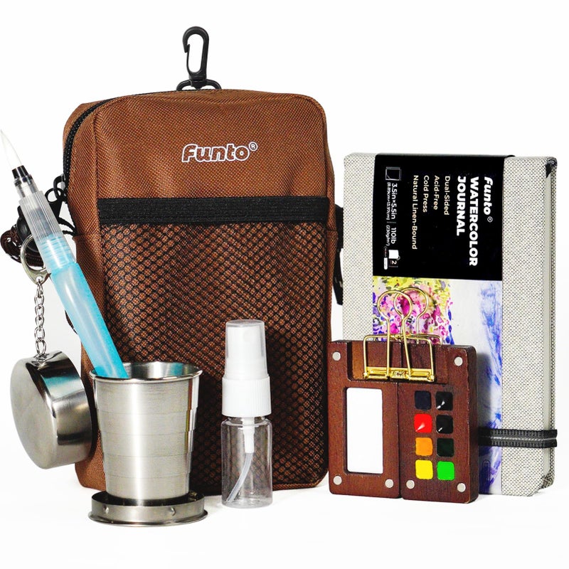 Funto Mini Watercolor Paint Set AllinOne Walnut Wood 8Color Premium Pocket Travel Paint Kit with Crossbody Bag Watercolor Journal Metal Clip Paint Water Cup Water Brush Ideal for Art Lovers - Image 2