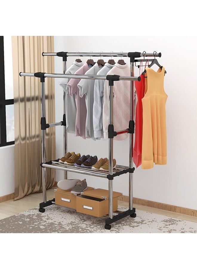 DubaiGallery Expandable Garment Clothes Rack 85–140 cm, Freestanding Double Rod Clothing Organizer with Wheels, 150 cm Tall, 42 cm Wide Base, Durable 25 mm Tubes, Bottom Storage Shelves for Bedroom, Home, Laundry and Retail Use - Image 4
