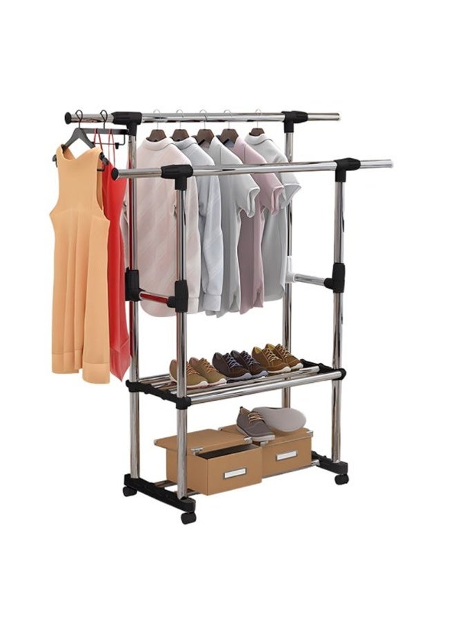 DubaiGallery Expandable Garment Clothes Rack 85–140 cm, Freestanding Double Rod Clothing Organizer with Wheels, 150 cm Tall, 42 cm Wide Base, Durable 25 mm Tubes, Bottom Storage Shelves for Bedroom, Home, Laundry and Retail Use - Image 3