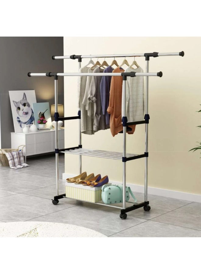 DubaiGallery Expandable Garment Clothes Rack 85–140 cm, Freestanding Double Rod Clothing Organizer with Wheels, 150 cm Tall, 42 cm Wide Base, Durable 25 mm Tubes, Bottom Storage Shelves for Bedroom, Home, Laundry and Retail Use - Image 2