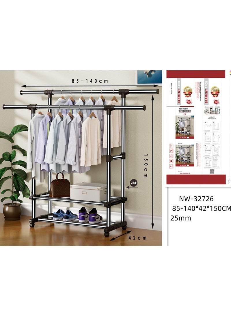 DubaiGallery Expandable Garment Clothes Rack 85–140 cm, Freestanding Double Rod Clothing Organizer with Wheels, 150 cm Tall, 42 cm Wide Base, Durable 25 mm Tubes, Bottom Storage Shelves for Bedroom, Home, Laundry and Retail Use - Image 5