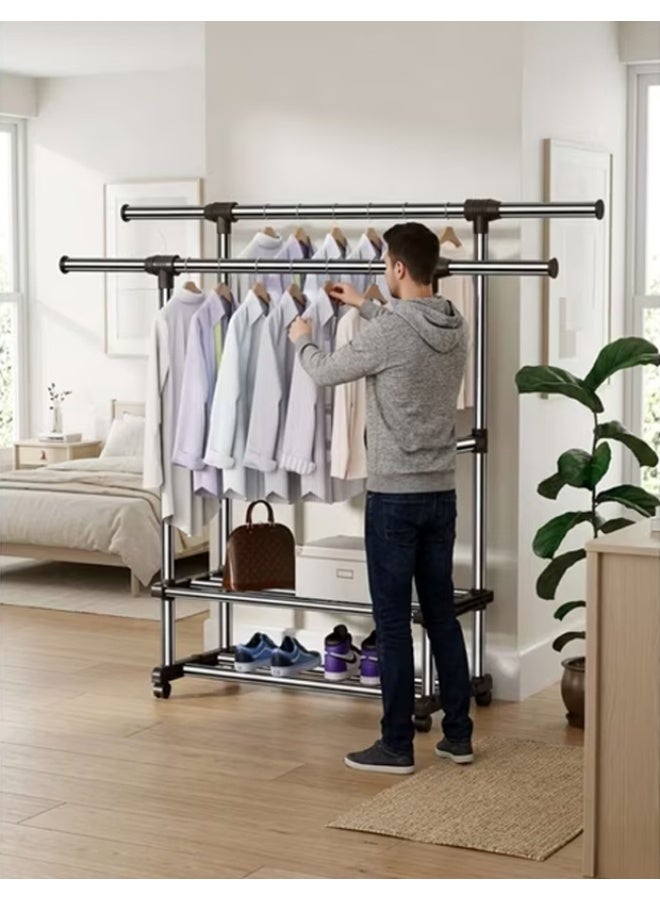 DubaiGallery Expandable Garment Clothes Rack 85–140 cm, Freestanding Double Rod Clothing Organizer with Wheels, 150 cm Tall, 42 cm Wide Base, Durable 25 mm Tubes, Bottom Storage Shelves for Bedroom, Home, Laundry and Retail Use - Image 1