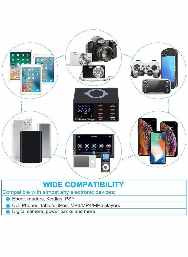 XiuWoo 100W Quick Charge 3.0 8-Port USB Fast Charger,10W Max for Phone Wireless Charging,9-in-1 Multi-Device Charging Station, Black - Image 2