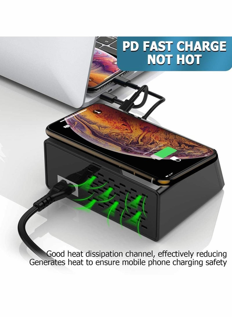 XiuWoo 100W Quick Charge 3.0 8-Port USB Fast Charger,10W Max for Phone Wireless Charging,9-in-1 Multi-Device Charging Station, Black - Image 3