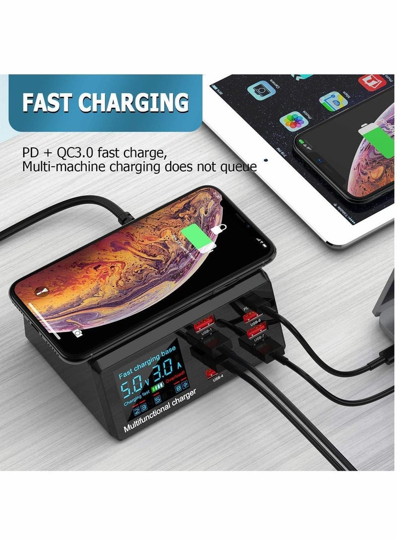 XiuWoo 100W Quick Charge 3.0 8-Port USB Fast Charger,10W Max for Phone Wireless Charging,9-in-1 Multi-Device Charging Station, Black - Image 5