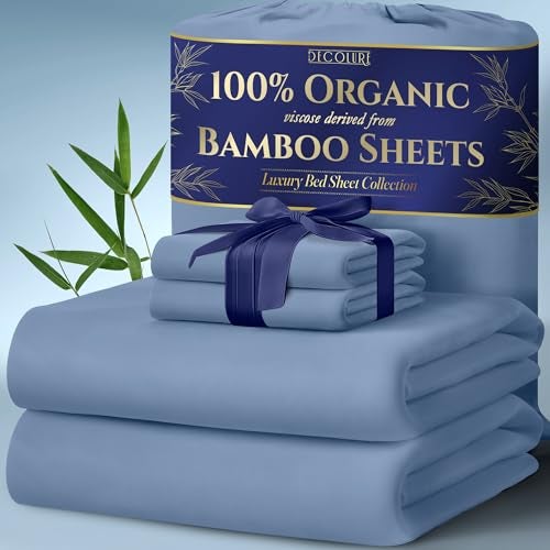 DECOLURE 100 Organic Viscose Derived from Bamboo Sheets Cal King Size 4pcs  Ultra Soft  Luxuriously Cooling 17 Deep PocketDouble StitchingPerfect for Hot Sleepers  King Bed Sheets Light Blue