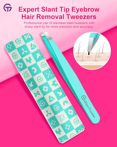 GlamTweeler Expert Eyebrow Hair Removal Tweezer with Leather Case GlamTweeler High Precision Slant Tip Stainless Steel Tweezers for Men and Women Robins Egg Blue - Image 3