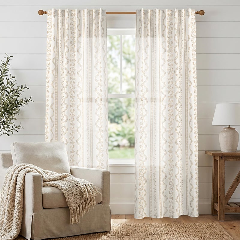 Lino Rosa Beige Cream and Taupe Neutral Floral Farmhouse Curtains, Vintage Antique Botanical Pattern Sheer Natural Fabric Linen Drapes for Living Room Bedroom Dining Room 84 Inches Long - Image 1