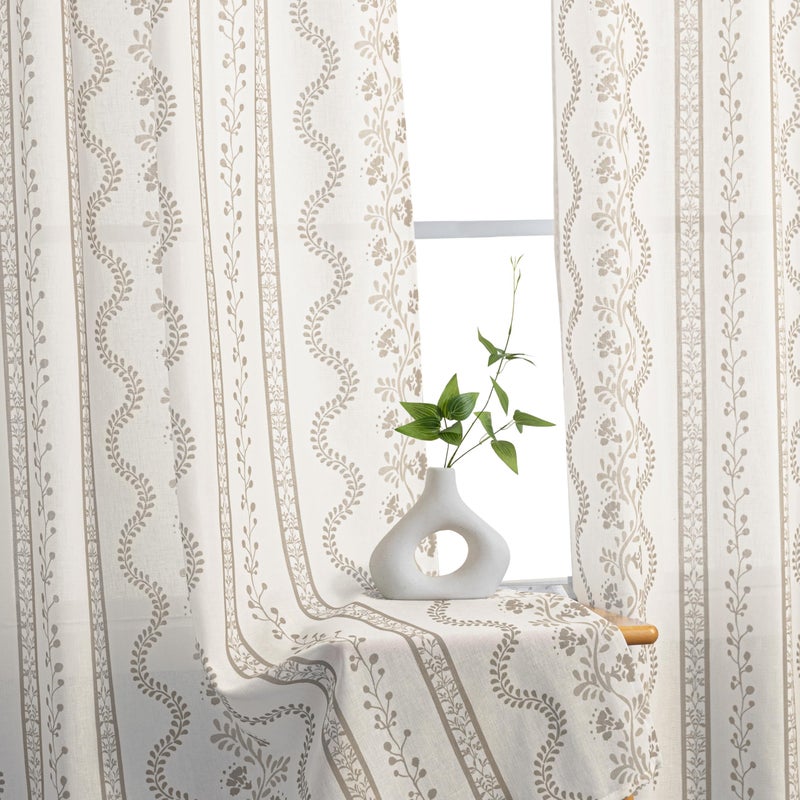 Lino Rosa Beige Cream and Taupe Neutral Floral Farmhouse Curtains, Vintage Antique Botanical Pattern Sheer Natural Fabric Linen Drapes for Living Room Bedroom Dining Room 84 Inches Long - Image 2